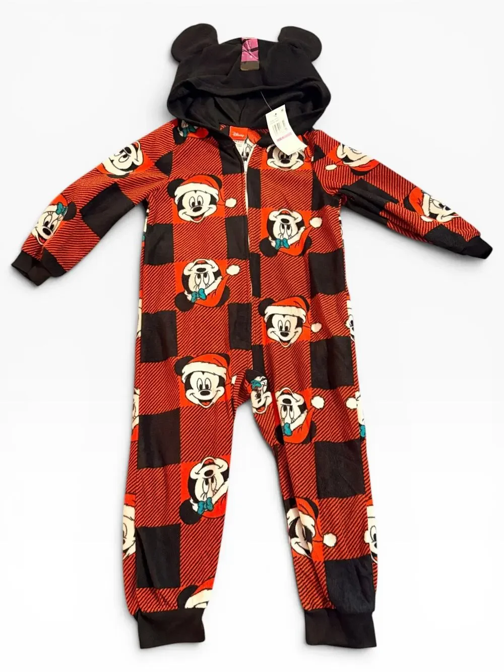 NWT Disney Mickey Christmas Fleece One Piece Pajamas Kids 4 Red Black